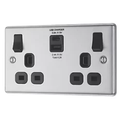 LAP 13A 2-Gang SP Switched Socket + 4.2A 2-Outlet Type A & C USB Charger Brushed Stainless Steel with Black Inserts