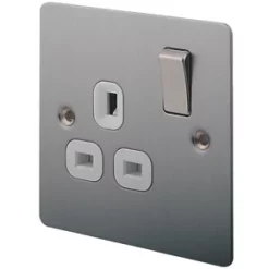 LAP 13A 1-Gang DP Switched Plug Socket Brushed Stainless Steel with White Inserts