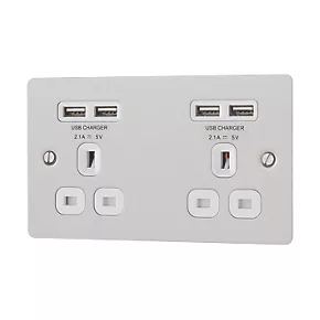 LAP 13A 2-Gang Unswitched Socket + 4.2A 4-Outlet Type A USB Charger Brushed Stainless Steel with White Inserts 3 LAP 13A 2-Gang Unswitched Socket + 4.2A 4-Outlet Type A USB Charger Brushed Stainless Steel with White Inserts