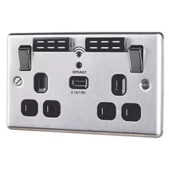 LAP 13A 2-Gang SP Switched Wi-Fi Extender + 2.1A 1-Outlet Type A USB Charger Brushed Steel with Black Inserts