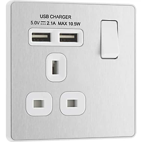British General Evolve 13A 1-Gang SP Switched Socket + 2.1A 2-Outlet Type A USB Charger Brushed Steel with White Inserts 4 British General Evolve 13A 1-Gang SP Switched Socket + 2.1A 2-Outlet Type A USB Charger Brushed Steel with White Inserts - Image 2