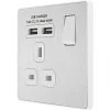 British General Evolve 13A 1-Gang SP Switched Socket + 2.1A 2-Outlet Type A USB Charger Brushed Steel with White Inserts -Steel Switches Sales 669RF P