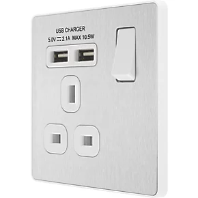 British General Evolve 13A 1-Gang SP Switched Socket + 2.1A 2-Outlet Type A USB Charger Brushed Steel with White Inserts 3 British General Evolve 13A 1-Gang SP Switched Socket + 2.1A 2-Outlet Type A USB Charger Brushed Steel with White Inserts