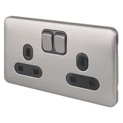 Schneider Electric Lisse Deco 13A 2-Gang SP Switched Plug Socket Brushed Stainless Steel with Black Inserts