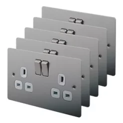 LAP 13A 2-Gang DP Switched Plug Socket Brushed Stainless Steel with White Inserts 5 Pack