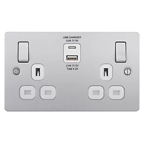 LAP 13A 2-Gang SP Switched Socket + 4.2A 2-Outlet Type A & C USB Charger Brushed Stainless Steel with White Inserts 4 LAP 13A 2-Gang SP Switched Socket + 4.2A 2-Outlet Type A & C USB Charger Brushed Stainless Steel with White Inserts - Image 2