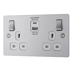 LAP 13A 2-Gang SP Switched Socket + 4.2A 2-Outlet Type A & C USB Charger Brushed Stainless Steel with White Inserts