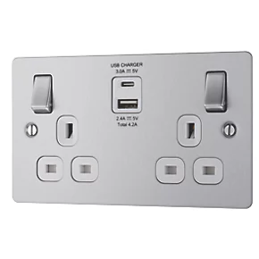 LAP 13A 2-Gang SP Switched Socket + 4.2A 2-Outlet Type A & C USB Charger Brushed Stainless Steel with White Inserts 3 LAP 13A 2-Gang SP Switched Socket + 4.2A 2-Outlet Type A & C USB Charger Brushed Stainless Steel with White Inserts
