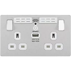 British General Evolve 13A 2-Gang SP Switched Double Socket With WiFi Extender + 2.1A 1-Outlet Type A USB Charger Brushed Steel with White Inserts -Steel Switches Sales 713RF A2