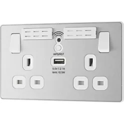 British General Evolve 13A 2-Gang SP Switched Double Socket With WiFi Extender + 2.1A 1-Outlet Type A USB Charger Brushed Steel with White Inserts -Steel Switches Sales 713RF A3
