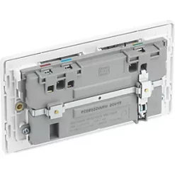 British General Evolve 13A 2-Gang SP Switched Double Socket With WiFi Extender + 2.1A 1-Outlet Type A USB Charger Brushed Steel with White Inserts -Steel Switches Sales 713RF A4