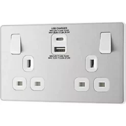 British General Evolve 13A 2-Gang SP Switched Socket + 3A 2-Outlet Type A & C USB Charger Brushed Steel with White Inserts -Steel Switches Sales 746RF A3