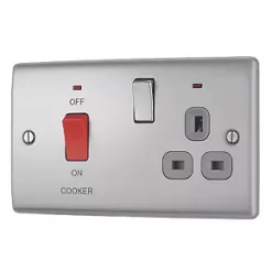 British General Nexus Metal 45A 2-Gang DP Cooker Switch & 13A DP Switched Socket Brushed Steel with LED with Graphite Inserts