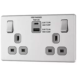 LAP 13A 2-Gang DP Switched Socket + 4.2A 2-Outlet Type A & C USB Charger Brushed Stainless Steel with Graphite Inserts