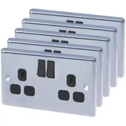 LAP 13A 2-Gang SP Switched Plug Socket Brushed Stainless Steel with Black Inserts 5 Pack