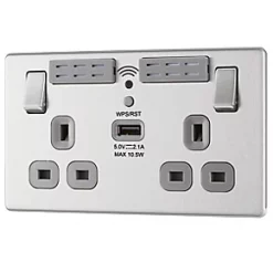 LAP 13A 2-Gang SP Switched Wi-Fi Extender Socket + 2.1A 1-Outlet Type A USB Charger Brushed Stainless Steel with Graphite Inserts