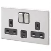 MK Aspect 13A 2-Gang DP Switched Socket + 2A 2-Outlet Type A USB Charger Brushed Stainless Steel with Black Inserts -Steel Switches Sales 823HX P