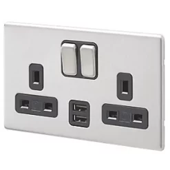 MK Aspect 13A 2-Gang DP Switched Socket + 2A 2-Outlet Type A USB Charger Brushed Stainless Steel with Black Inserts