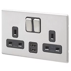 MK Aspect 13A 2-Gang DP Switched Socket + 2A 2-Outlet Type A USB Charger Brushed Stainless Steel with Black Inserts 3 MK Aspect 13A 2-Gang DP Switched Socket + 2A 2-Outlet Type A USB Charger Brushed Stainless Steel with Black Inserts