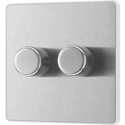 British General Evolve 2-Gang 2-Way LED Trailing Edge Double Push Dimmer with Rotary Control Brushed Steel with White Inserts -Steel Switches Sales 831PY A3