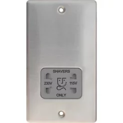 LAP 2-Gang Dual Voltage Shaver Socket 115 / 230V Brushed Stainless Steel with White Inserts -Steel Switches Sales 83247 A1