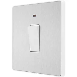 British General Evolve 20A 1-Gang DP Control Switch Brushed Steel with LED with White Inserts
