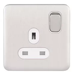 Schneider Electric Lisse Deco 13A 1-Gang SP Switched Plug Socket Brushed Stainless Steel with White Inserts -Steel Switches Sales 845FF A1