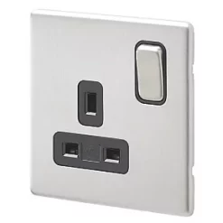 MK Aspect 13A 1-Gang DP Switched Plug Socket Brushed Stainless Steel with Black Inserts