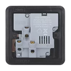 Schneider Electric Lisse Deco 13A 1-Gang SP Switched Socket + 2.1A 2-Outlet Type A USB Charger Brushed Stainless Steel with Black Inserts -Steel Switches Sales 882CC A4