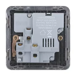 Schneider Electric Lisse Deco 13A 1-Gang SP Switched Socket + 2.1A 2-Outlet Type A USB Charger Brushed Stainless Steel with Black Inserts -Steel Switches Sales 882CC A5