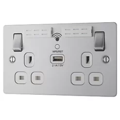 LAP 13A 2-Gang SP Switched Wi-Fi Extender Socket + 2.1A 1-Outlet Type A USB Charger Brushed Stainless Steel with White Inserts
