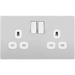 British General Evolve 13A 2-Gang SP Switched Socket Brushed Steel with White Inserts -Steel Switches Sales 918RF A2