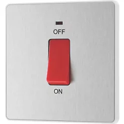 British General Evolve 45A 1-Gang 2-Pole Cooker Switch Brushed Steel with LED with White Inserts -Steel Switches Sales 933PY A3
