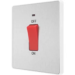 British General Evolve 45A 1-Gang 2-Pole Cooker Switch Brushed Steel with LED with White Inserts