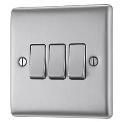 British General Nexus Metal 10AX 3-Gang 2-Way Light Switch Brushed Steel