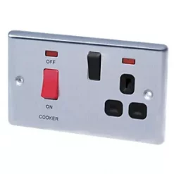 LAP 45A 2-Gang DP Cooker Switch & 13A DP Switched Socket Brushed Stainless Steel with Neon with Black Inserts