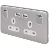 Schneider Electric Lisse Deco 13A 2-Gang SP Switched Socket + 2.1A 2-Outlet Type A USB Charger Brushed Stainless Steel with White Inserts -Steel Switches Sales 969FF P