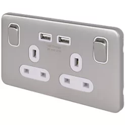 Schneider Electric Lisse Deco 13A 2-Gang SP Switched Socket + 2.1A 2-Outlet Type A USB Charger Brushed Stainless Steel with White Inserts